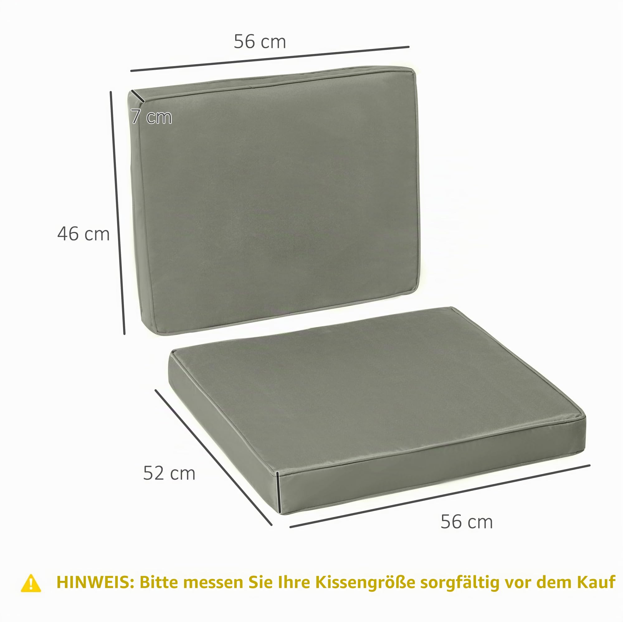 Outsunny 2 teilige Sitzkissen mit Reißverschluss 56 x 52 cm Dunkelgrau | Stuhlkissen, Stoffbezug, 7cm Dick Polsterauflage, Waschbar Sitzpolster, für Haus Garten Auto Büro Sofa Stühle, Outdoor