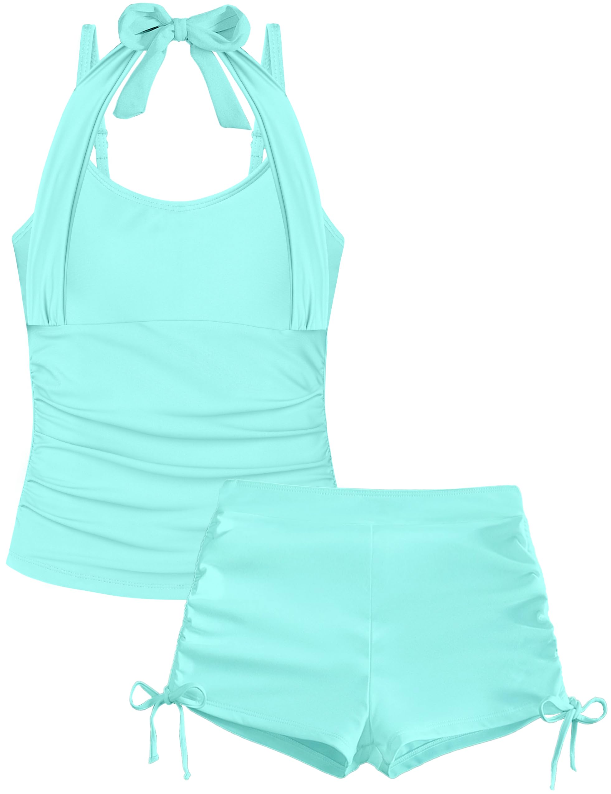 Girls Swimsuit Size 10 Size 8 Halterneck Adjustable Straps Girls 2 Piece Swimsuits Tankini Ruched Tummy Control Girl Bathing Suit with Removable Bra Kids Bathing Suit Lake Blue