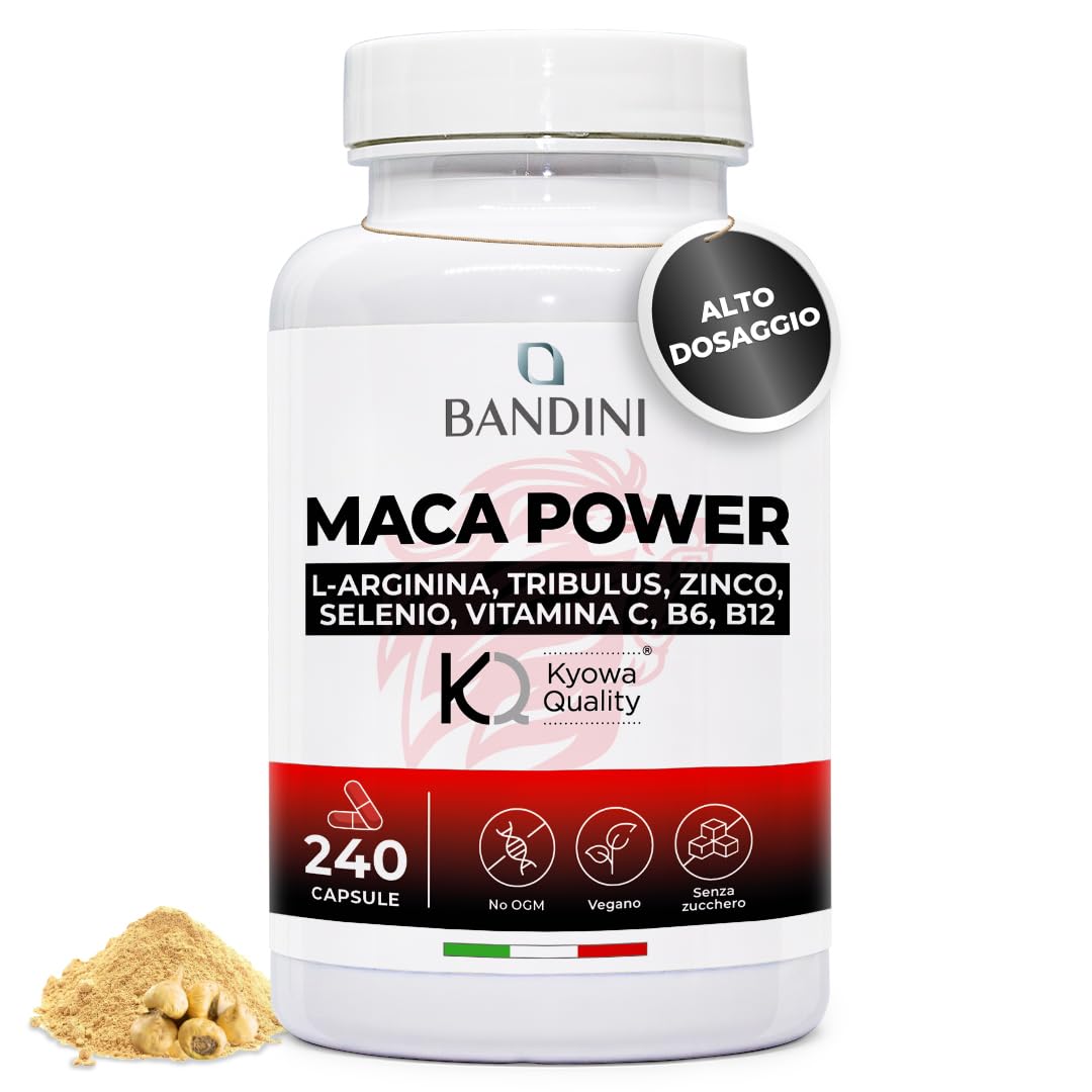 Bandini® MACA POWER 240 Capsule, Maca Peruviana 100% Vegan, Complesso ad Alto Dosaggio con Arginina Kyowa®, Tribulus, Vitamina C, Zinco, B6, B12 e Selenio, Stanchezza Fisica e Mentale, Energia, Sport