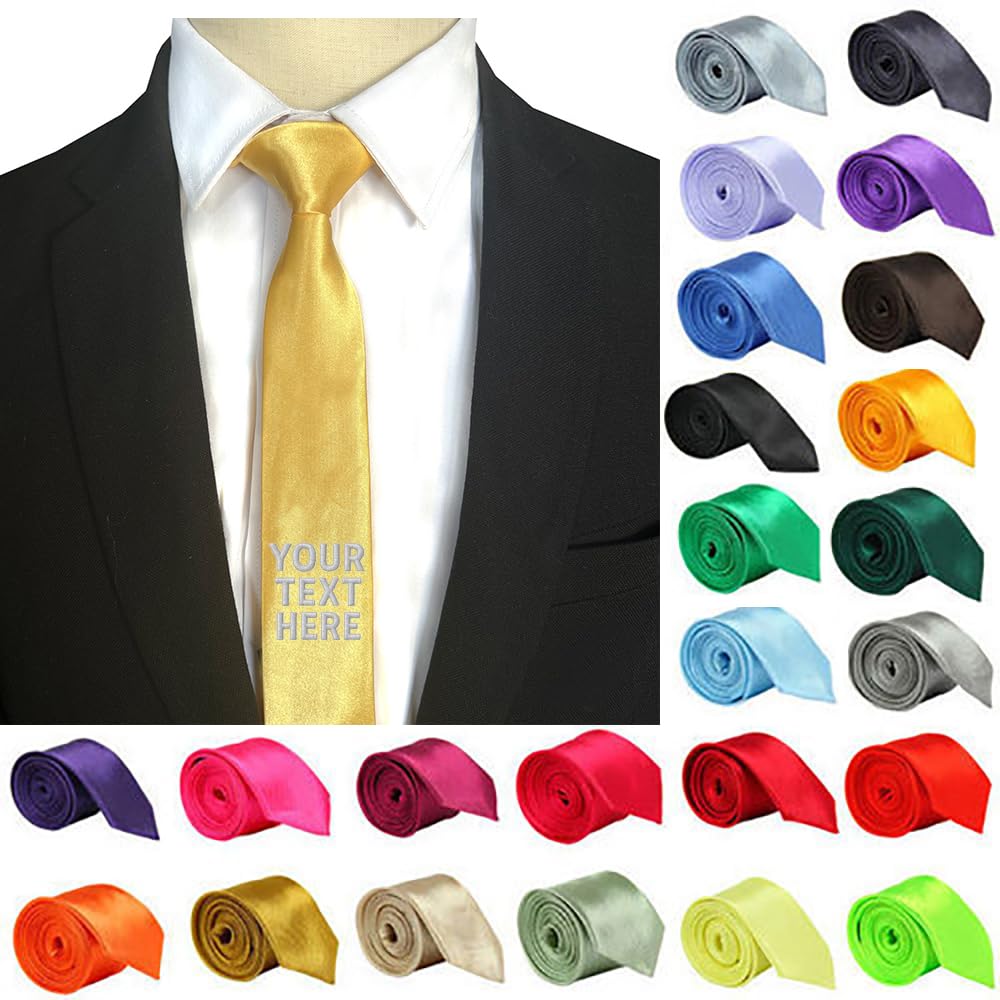 Van Der Linn Gold Personalised Embroidered Satin Tie Premium Elegant Neckwear (Gold)