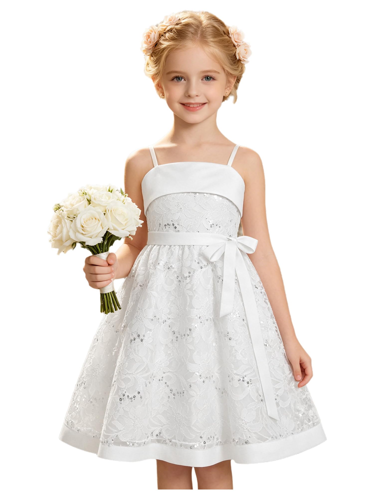 Niños Vestido Novia Satén Fiesta Manga Larga Blanco Princesa Años