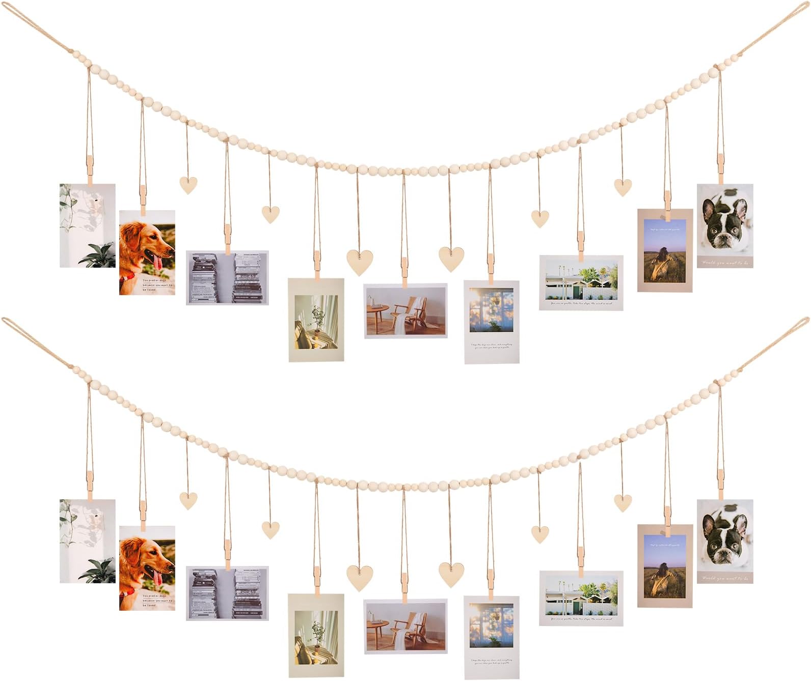 Hanging Photo Display Room Wall Decor, Boho Collage Picture Frame Christmas Cards Holder, Photo Hanger with 9 Wood Clips and 6 Wooden Hearts Tags for Home, Bedroom, Office, Nursery, Dorm Decor, 2 Pack