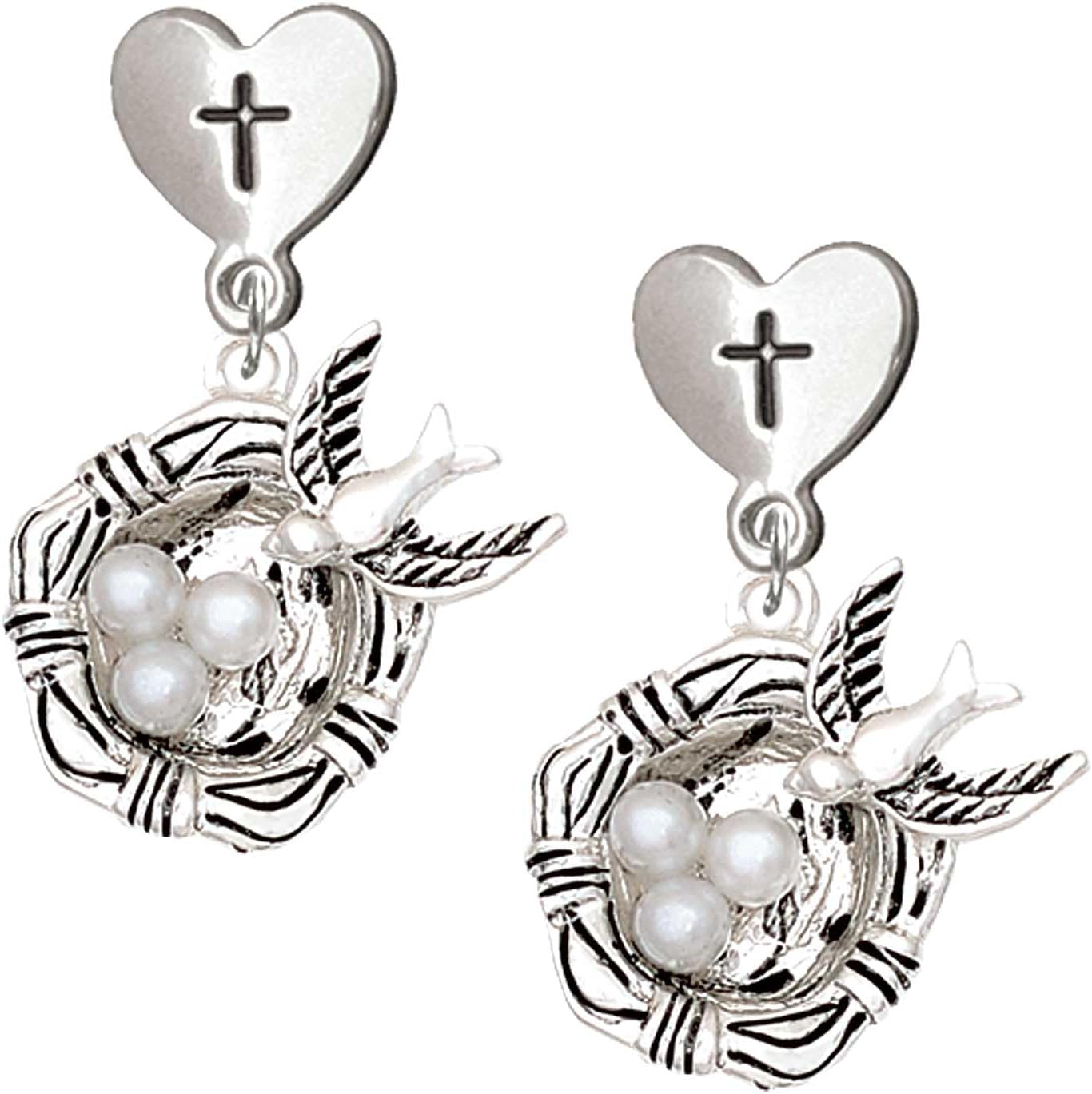 Delight Jewelry Silvertone Birds Nest with Imitation Pearl Eggs Cross in Heart Post Dangle Earrings