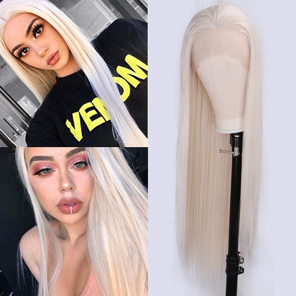 RDY #60 Platinum Blonde Cosplay Wig with Natural Hairline Long Straight Synthetic Lace Front Wig for Women Girls Heat Fiber Hair (22inch, 150% Density)