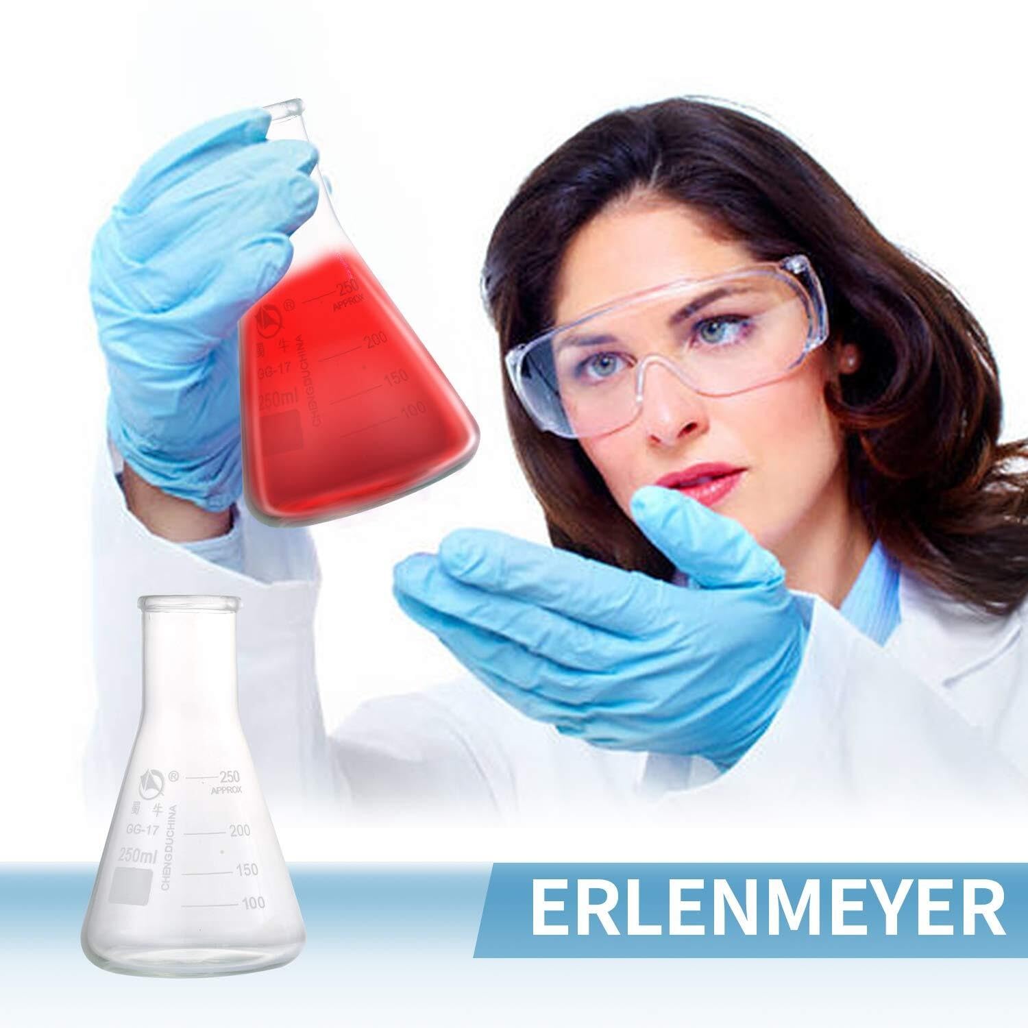 Juego de Matraces Erlenmeyer - 3 Matraces de Vidrio de Borosilicato (250ml, 150ml, 50ml) con Tapones de Goma para Experimentos de Laboratorio