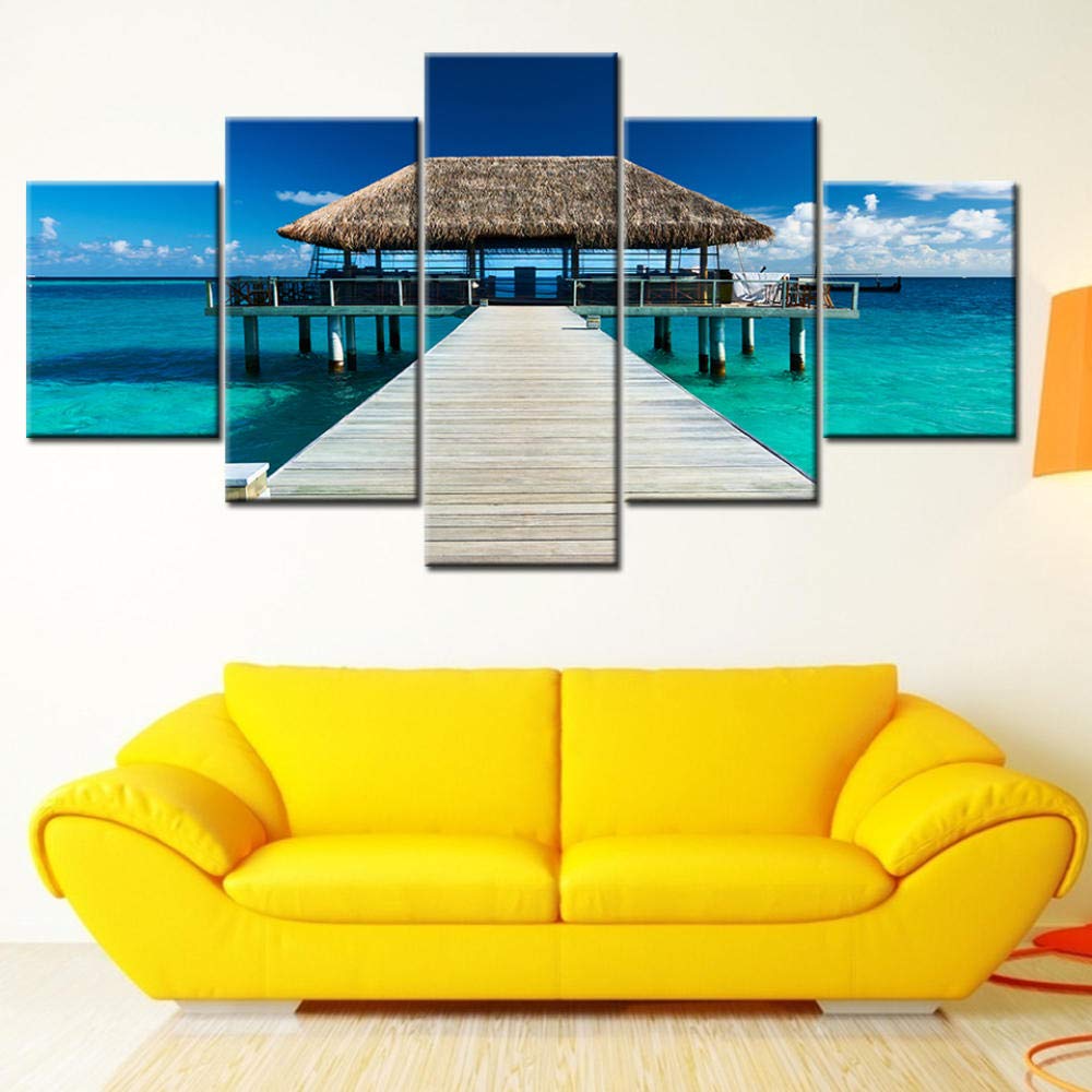 Stampa su Tela 5Pcs Tela Pittura Mare Country House Paesaggio Estivo Arte della Parete Pittura Modulare Sfondi Stampa Poster Decorazione della Casa Canvas Mare Fiori Musica