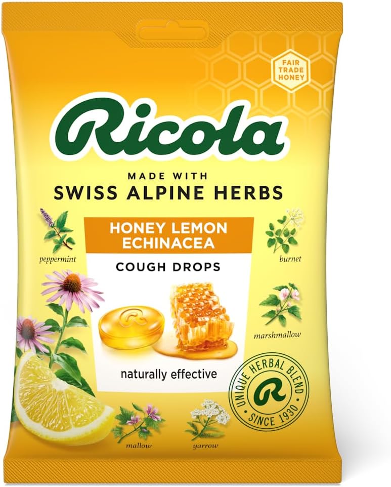 Ricola Honey Lemon and Echinacea Cough Drops Bag, Pack of 6, Naturally Effective Throat Lozenges, Cough Sweets, 75 g