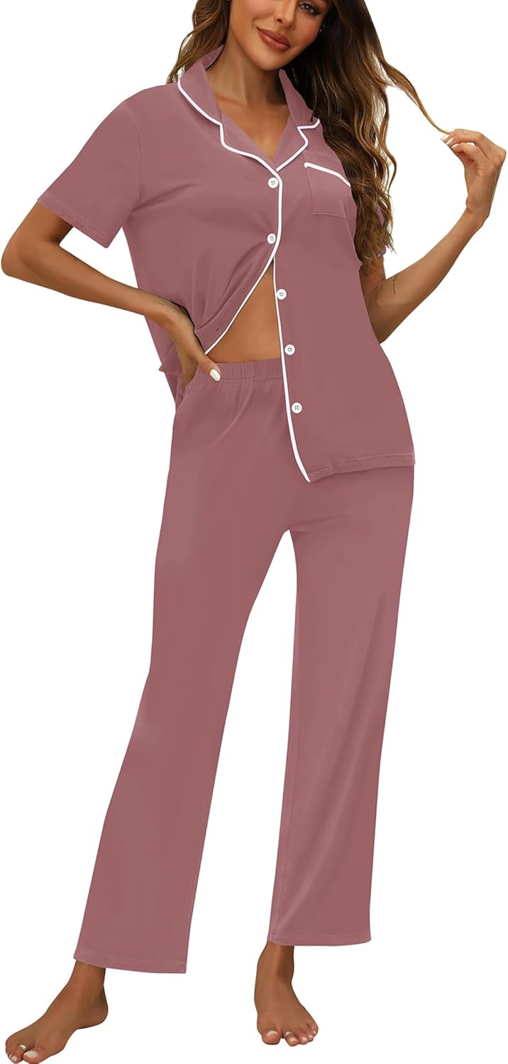 ZMJ Womens Pajamas Sets 2 Piece Button Up Pj Sets Short Sleeve with Long Pant