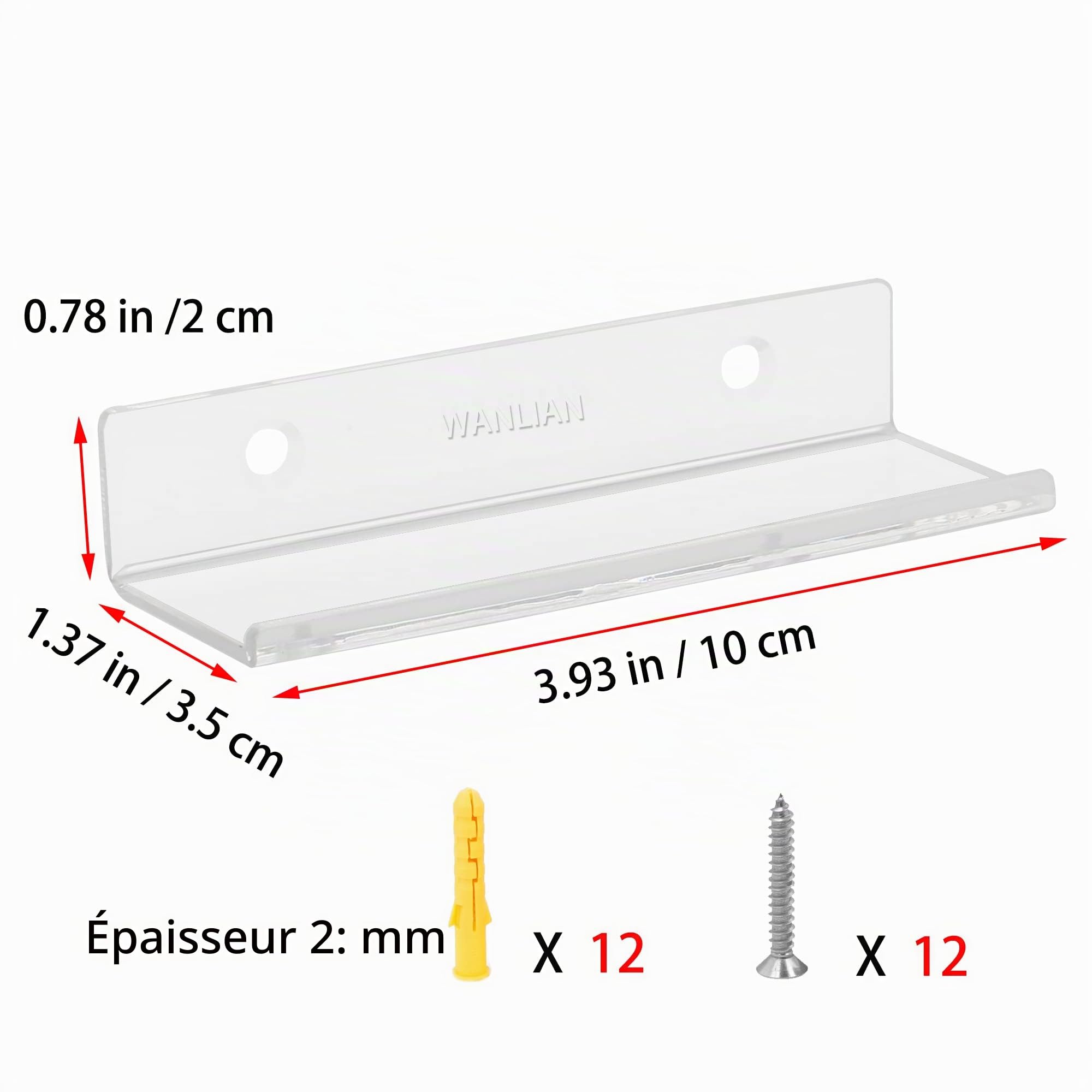 WANLIAN Lot de 6 supports muraux en vinyle pour panneaux et photos de 10 x 3,5 x 2 cm avec 12 vis murales (Transparent)