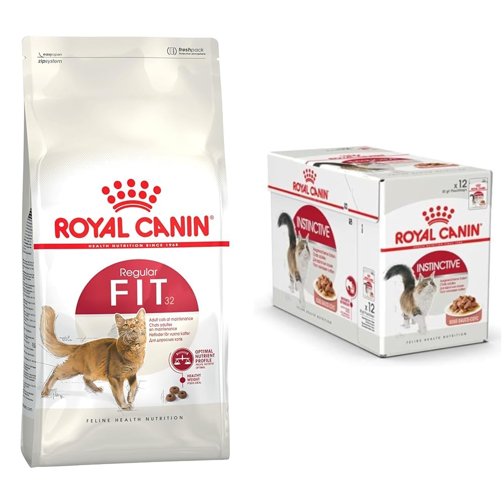 Fit 32 Adult Cat Food 10kg, Dry | Supports Healthy Weight & Nutrient Profile | & Instinctive Adult Wet Food 85g x12 Sachets | Active Behavior, Urinary & Renal Health
