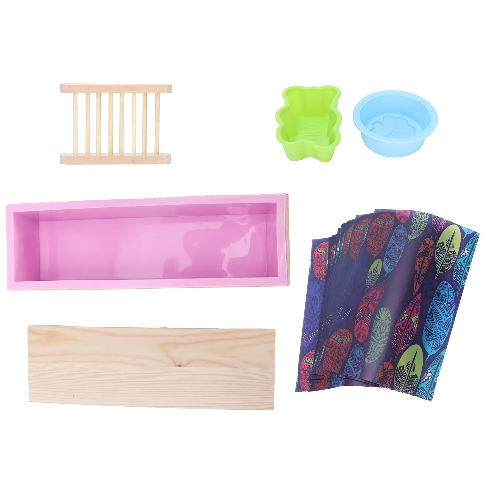 Juego de moldes de silicona para jabón DIY con rejilla para jabón en caja de madera y papel de regalo para jabón y horneado (Rosa)