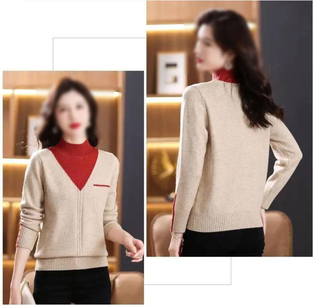 Women's Vintage Splicing Sweaters Winter Streetwear Fashion Mock Neck Long Sleeve Slim Knitted Pullovers