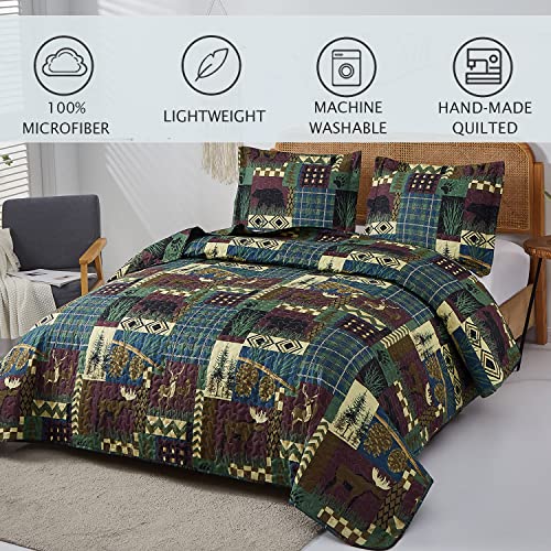 Lodge Plaid Bear Quilt Set King Size Cabin 3-Piece Reversible All Season Bedding Set Rustic Bedspread Coverlet Set, Green #TOP3