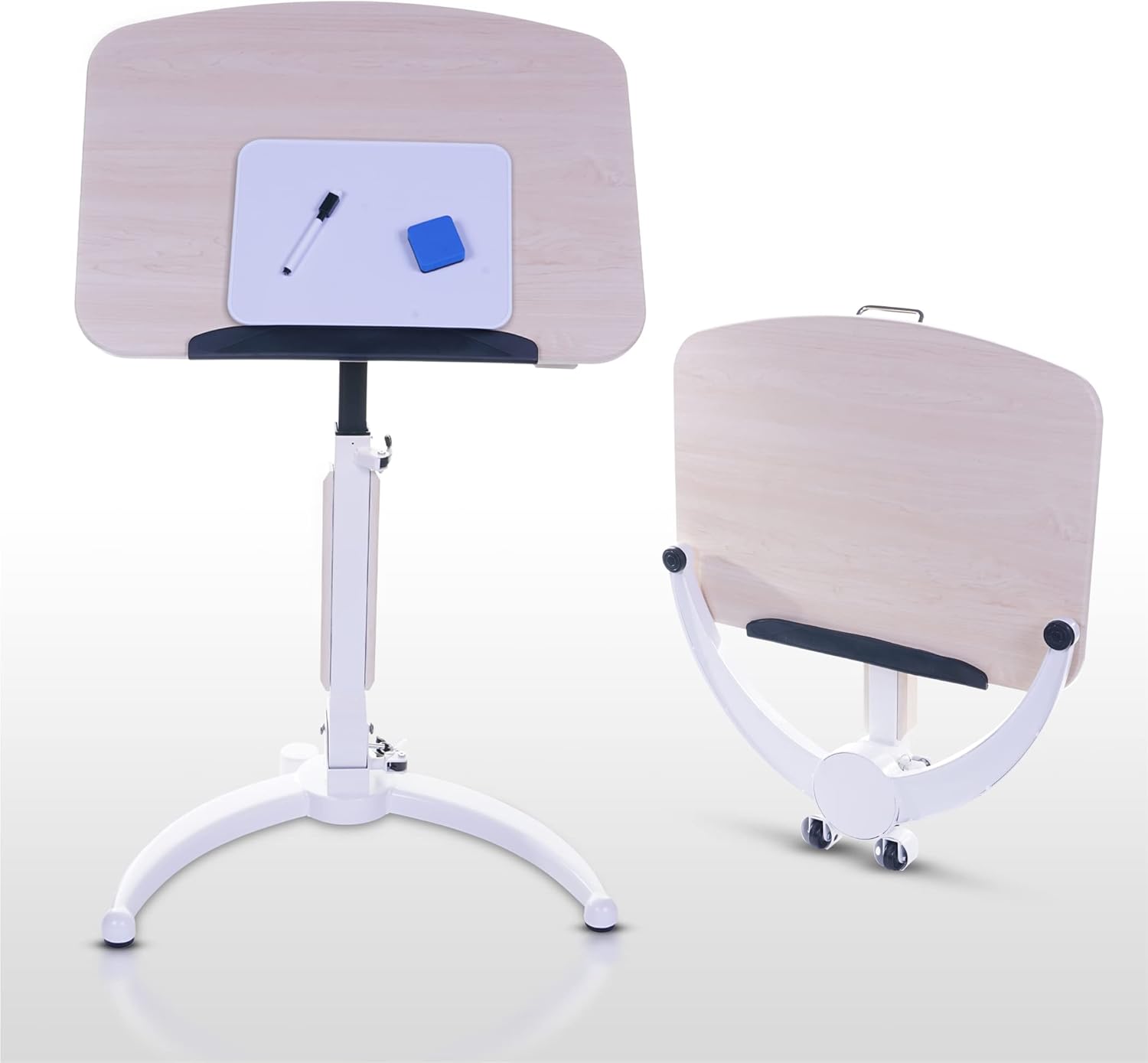 Pneumatic Podium Standing Desk with Whiteboard/Marker (12in-9in) Sit Stand Adjustable Height Riser (29.5in to 43.3in) Compact U-Shaped Design - Includes Laptop/Note Holder (L28in x W20in) Light Top