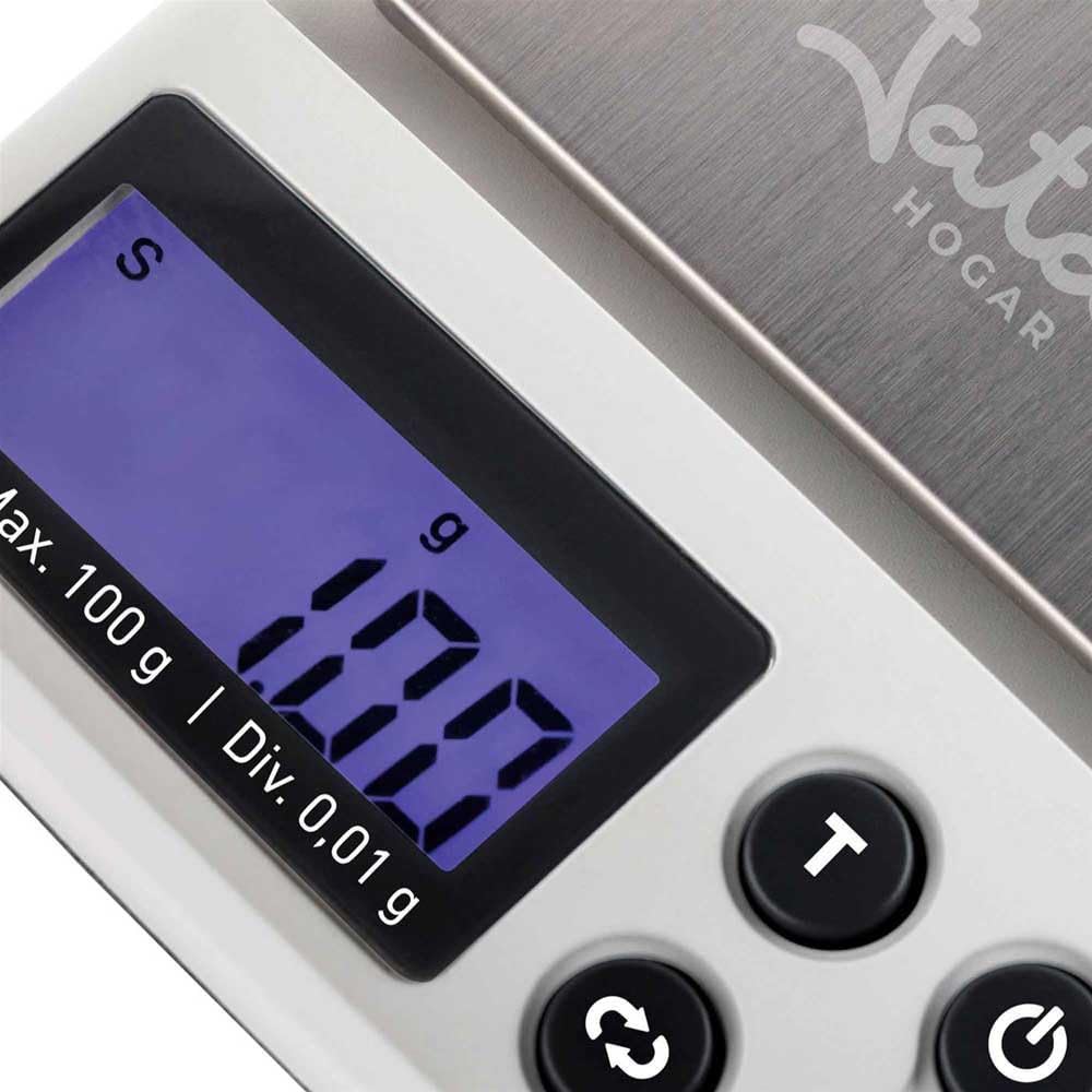 JATA HOGAR HBAL1774 Balance de précision avec écran LCD jusqu'à 100 g Surface en acier inoxydable 6,5 x 7 cm avec couvercle et étui de protection Fonction d'étalonnage