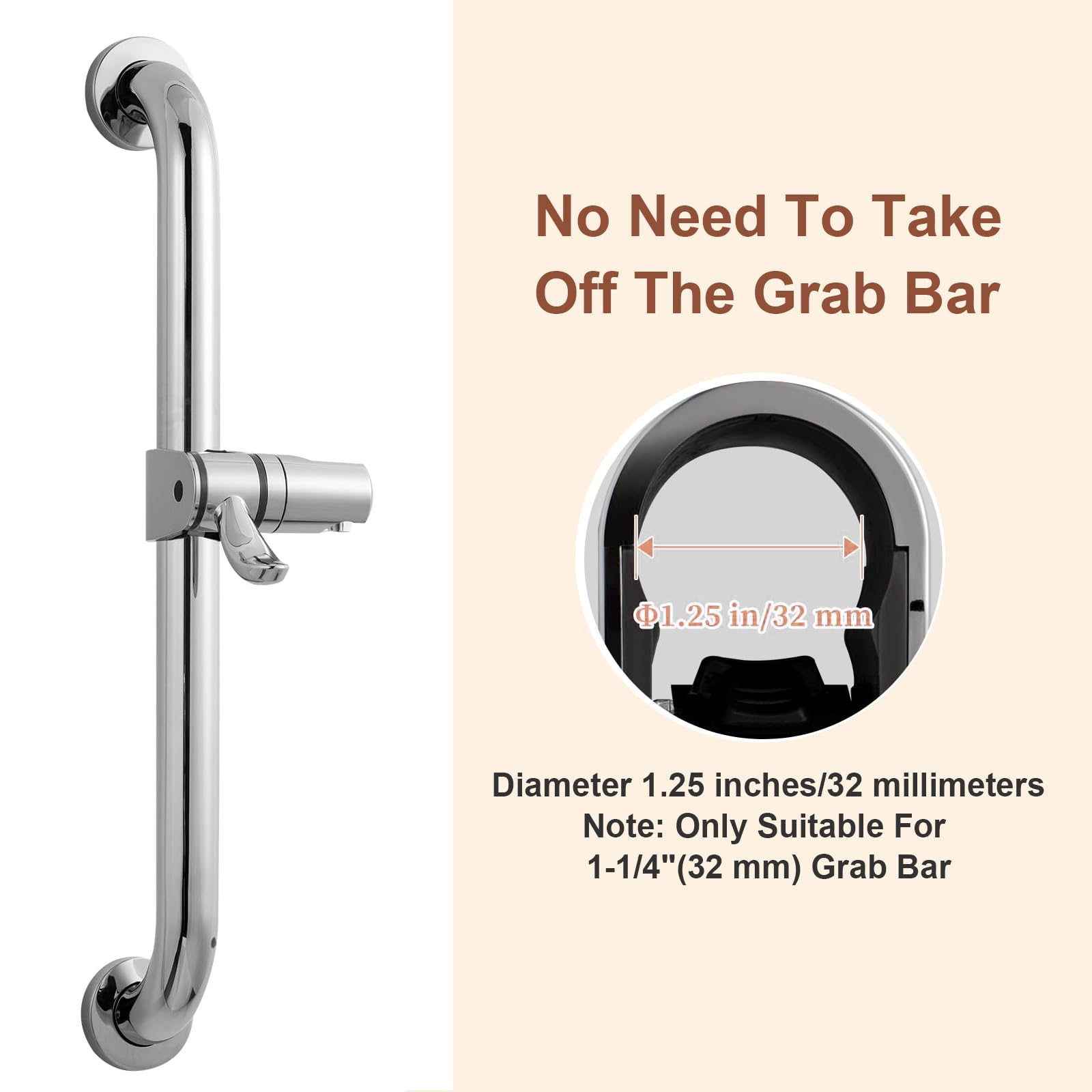 Supporto Soffione Doccia Universale per Maniglioni 32mm, Girevole a 360°, Accessorio Sostitutivo per Bagno, Finitura Cromata