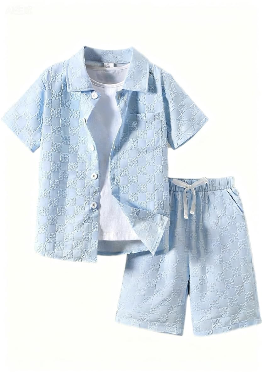 Ayzozuy Boys Summer 2-Piece Outfit Size 6-13 Short-Sleeve Textured Button-Down Shirt & Solid Elastic-Waist Shorts Set