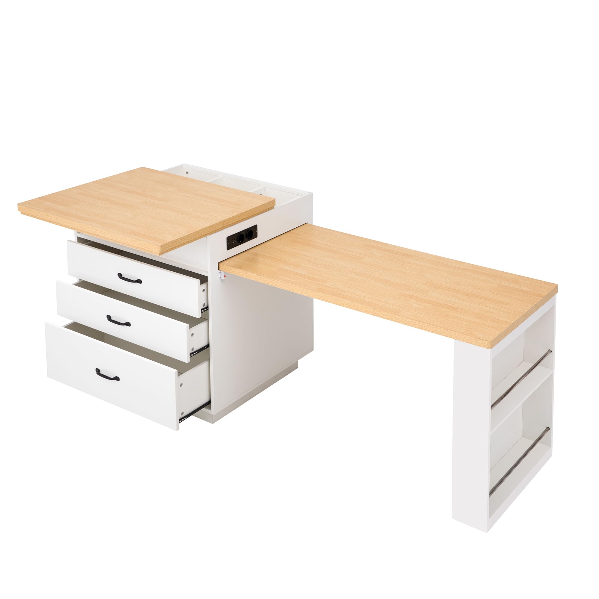 Kebnor Kücheninsel mit Rollen, Ausziehbarer Esstisch mit LED-Beleuchtung, Küchentisch mit Steckdosenleisten, dient als Kücheninsel, Anrichte, Sideboard oder Bartisch für Küche und Esszimmer (Weiß)