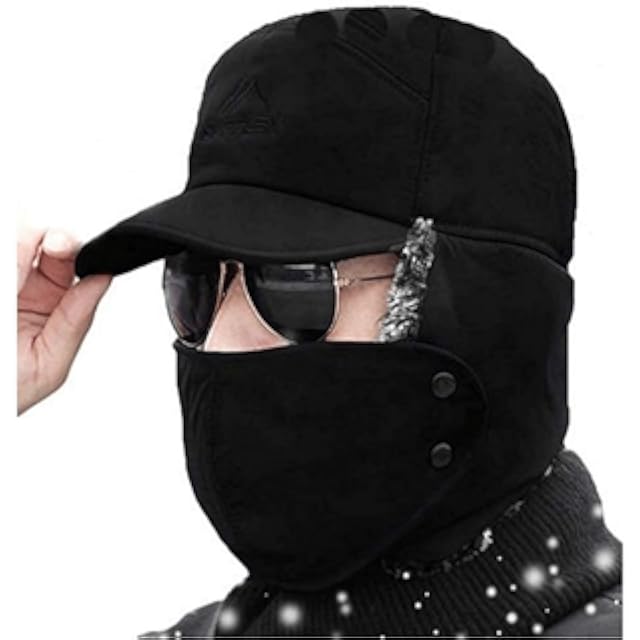 Winter Balaclava Hat with Face Mask & Ear Flaps, Black Windproof Cold - Weather Beanie, 3 - in - 1 Warm Cycling Hat for Me...