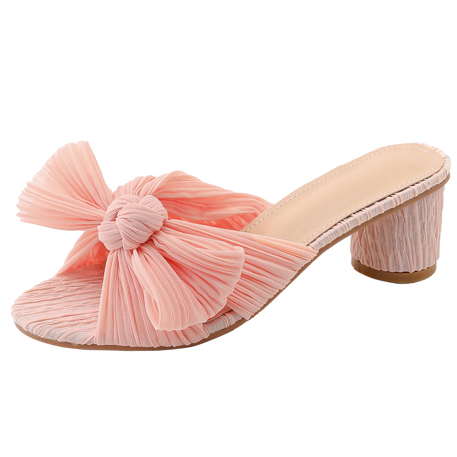 Sandalias de tacón de gatito de satén para mujer, sin cordones, con lazo, puntera abierta, sin espalda, tacón bajo, color rosa, 38 EU/7 EE. UU