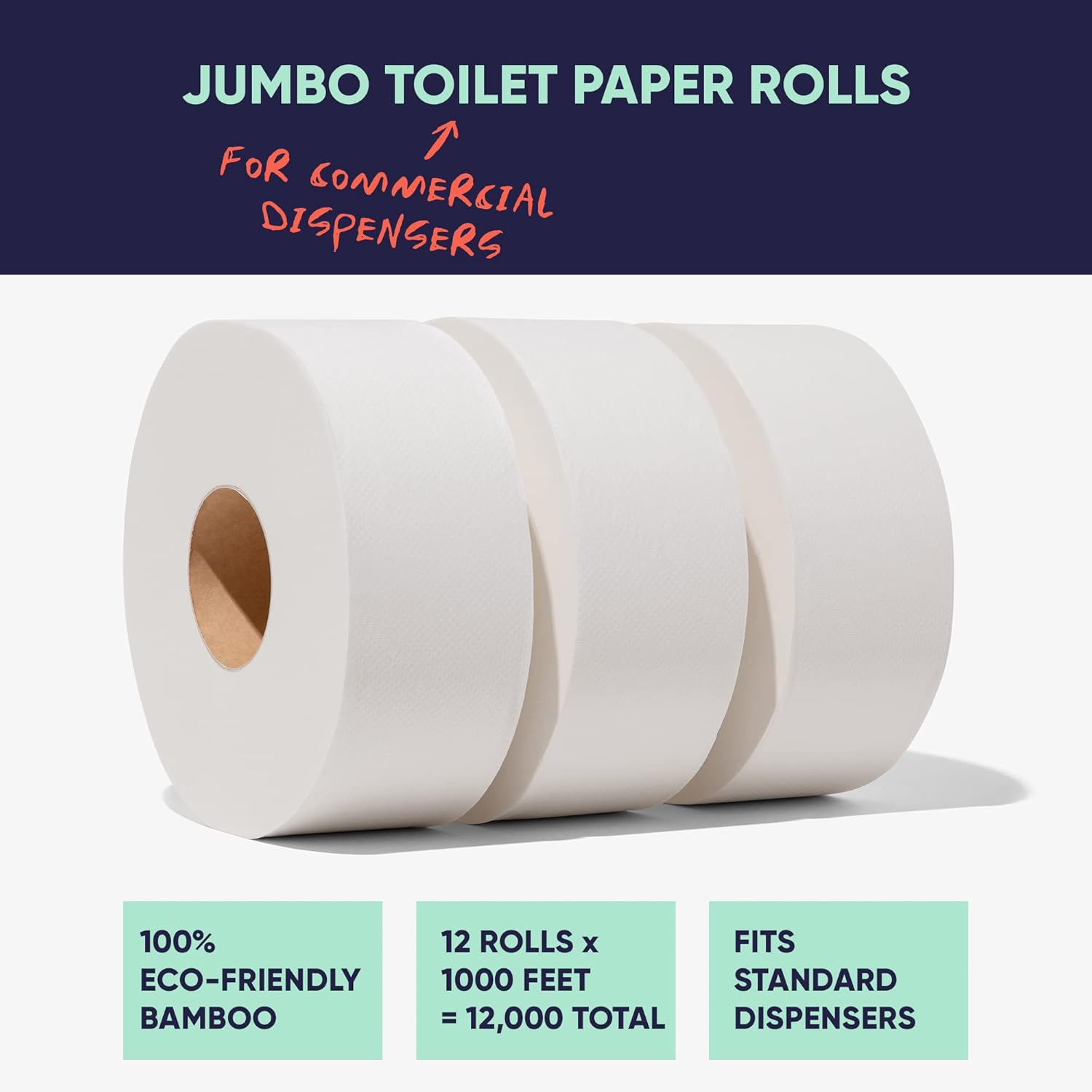 Save Trees Jumbo Toilet Paper Commercial Rolls - Bamboo, 12 Rolls per Case, 1000 Feet Non-Perforated, 2-ply, White, Bulk Toilet Paper for Commercial Dispensers
