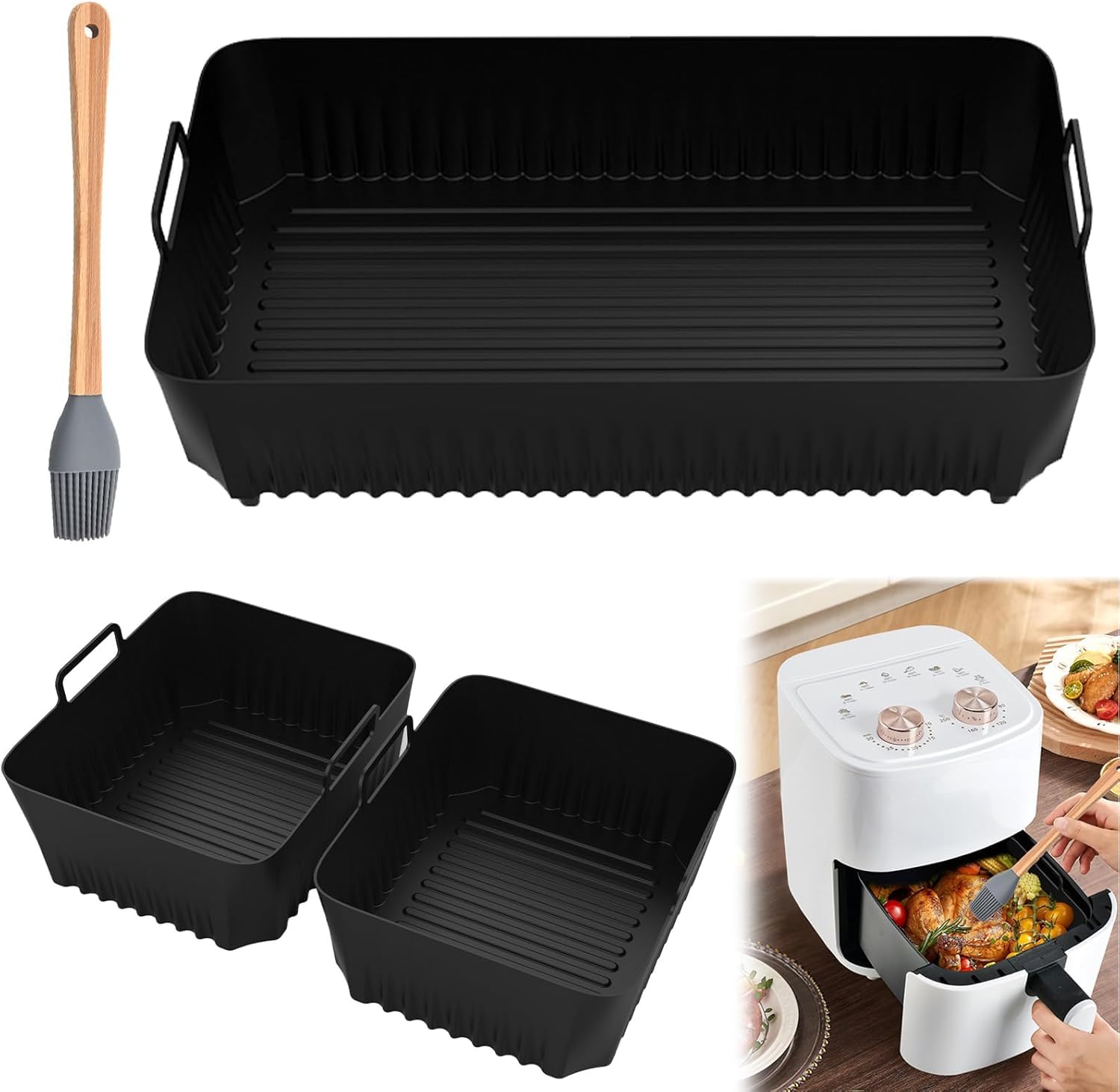 3PCS Silicone Air Fryer Molds, Rectangular Tray Silicone Air Fryer 10.4L/5.2L, Reusable Air Fryer Container with Brush Pastry for Oil-Free Fryer, Microwave, Oven