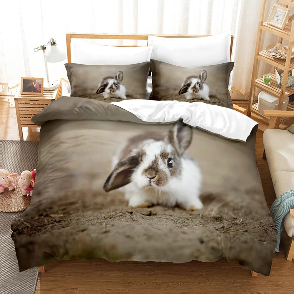 QBIDCSX Duvet Cover Double Grey rabbit Bedding Sets Single Koala Duvet Cover 200x200cm with Zipper Closure, Hypoallergenic Quilt Cover with 2 Pillowcase for Boys Kids Girls