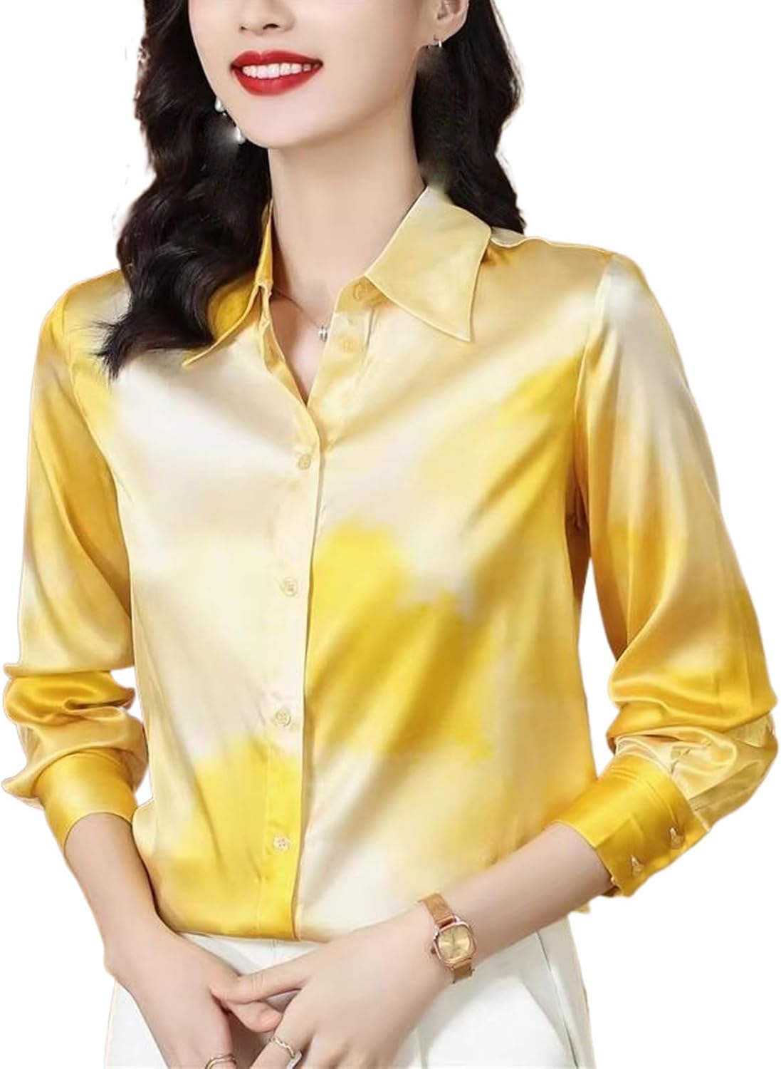 Women's Printed Shirt Long Sleeve Vintage Satin Silk Blouse Top