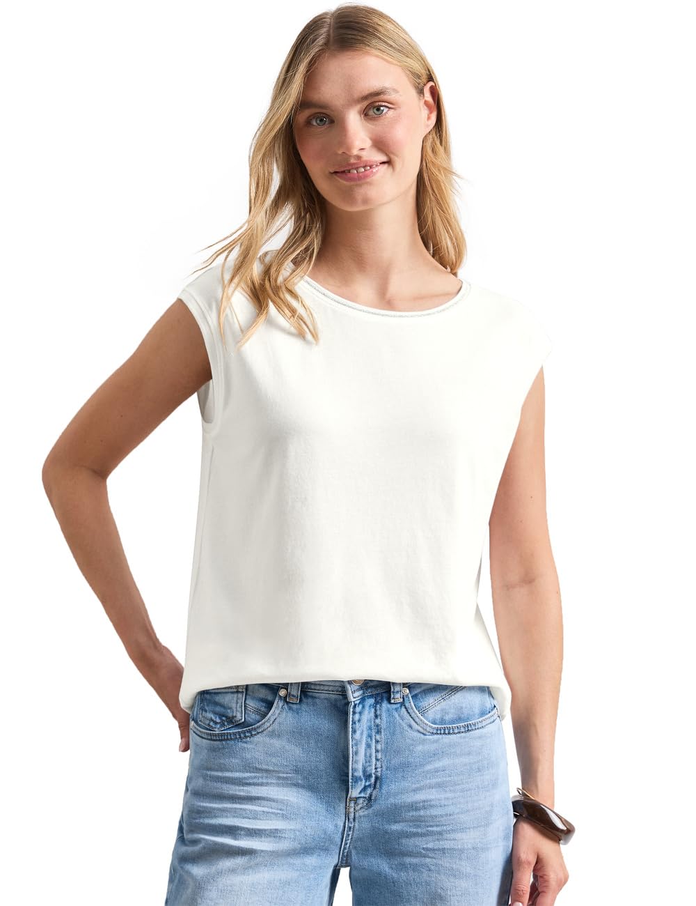 Street One Shirt with Crew Neck and Ribbed Details Off White 42