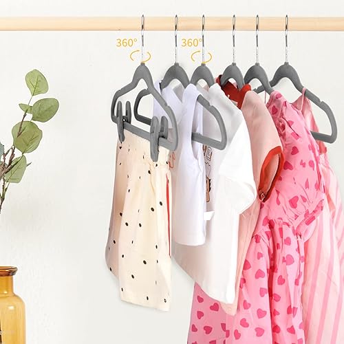 Miniatura 4 de Tinfol 60 perchas de terciopelo para niños, perchas antideslizantes de alta calidad de 14 pulgadas para armario, colgador de fieltro ultrafino con 8