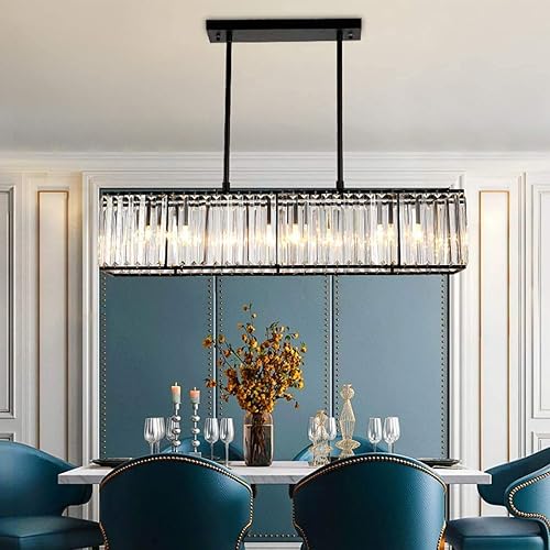 Miniatura 4 de Siljoy Candelabro rectangular moderno de cristal, 5 luces, color negro, rectangular, con forma de gota de lluvia, lámpara de techo colgante lineal