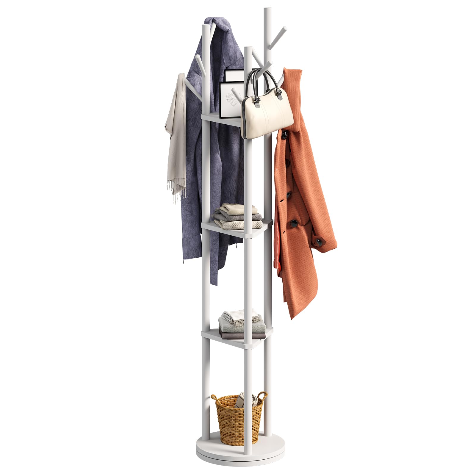 Photo 1 of Wieghda Rotating Coat Rack, Freestanding Coat Rack with 3 Shelves and 9 Hooks Clothes Organizer Coat tree for Bedroom, Entryway, Livingroom (Black)