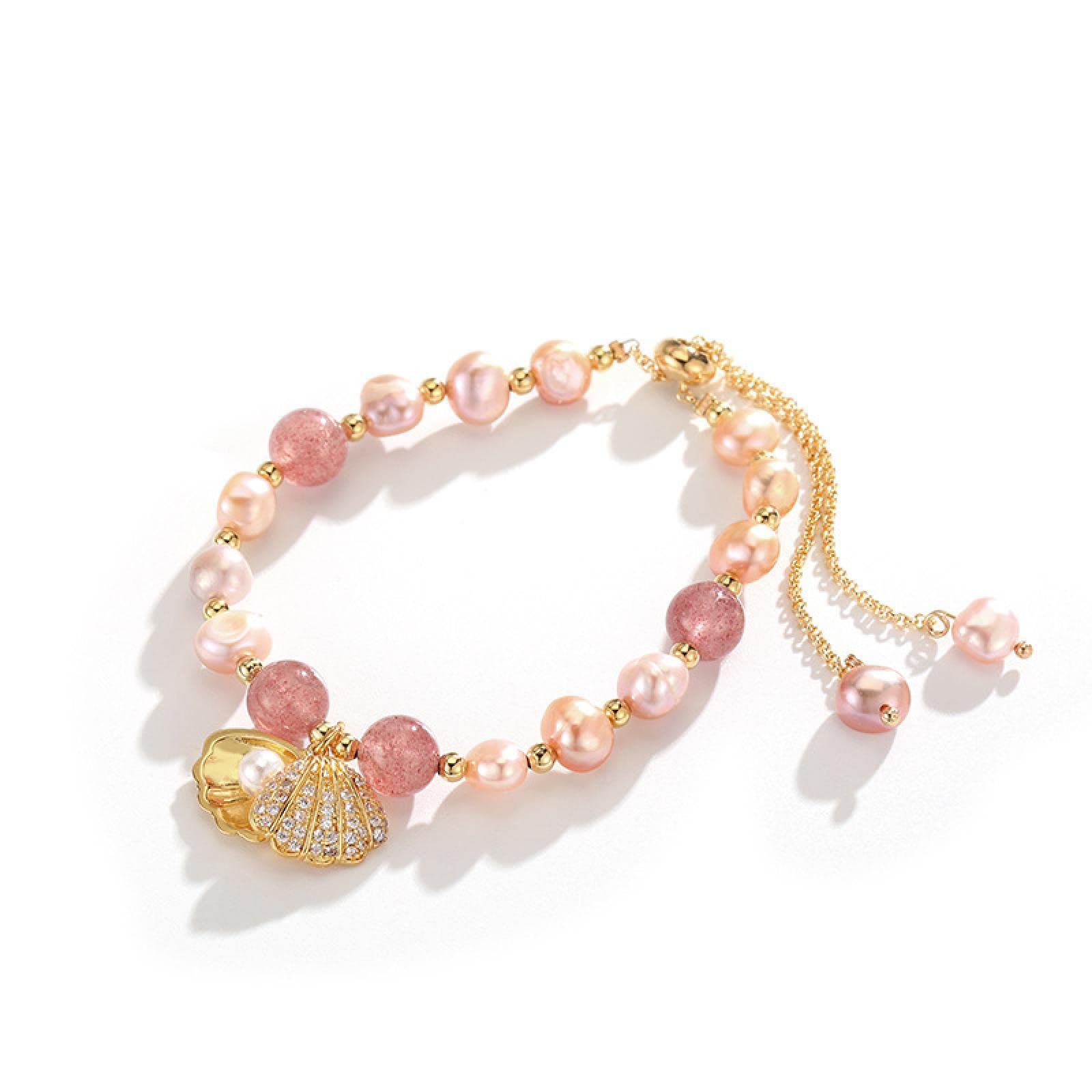 Pulseras Mujer dama pulsera niñas regalo rosa perla de agua dulce fresa cuarzo diseño de concha de encanto femenino para regalos