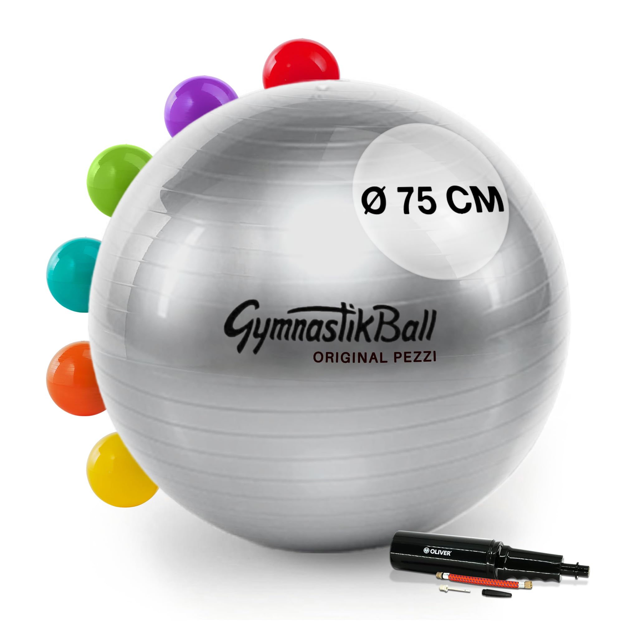 PEZZI Gymnastikball Standard Sitzball mit Pumpe | Sitzball aus robustem PVC, belastbar bis 400 kg, für Therapie, Sport und Büro