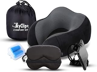 The SkyClip+ Travel Neck Pillow Set – Airplane Travel Kit with Memory Foam Neck Pillow, Eye Mask, Earplugs, Inflight Phone and Tablet Holder Clip - Soft and Breathable Airplane Pillow for Sleeping