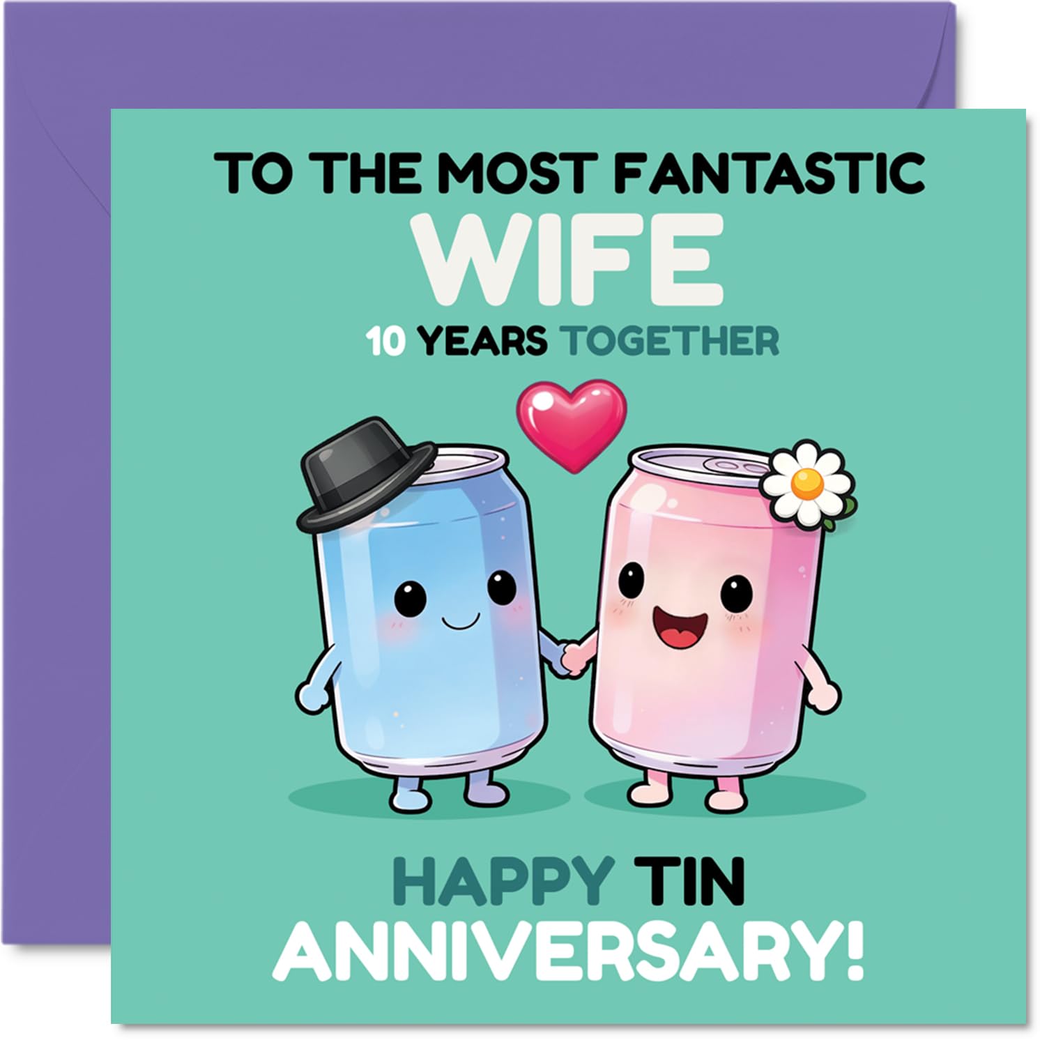 Playful 10th Anniversary Card for Wife - Ten Years of Wedded Bliss - Adorable Cartoon Tin Cans Holding Hands - 145mm Square, Envelope Included