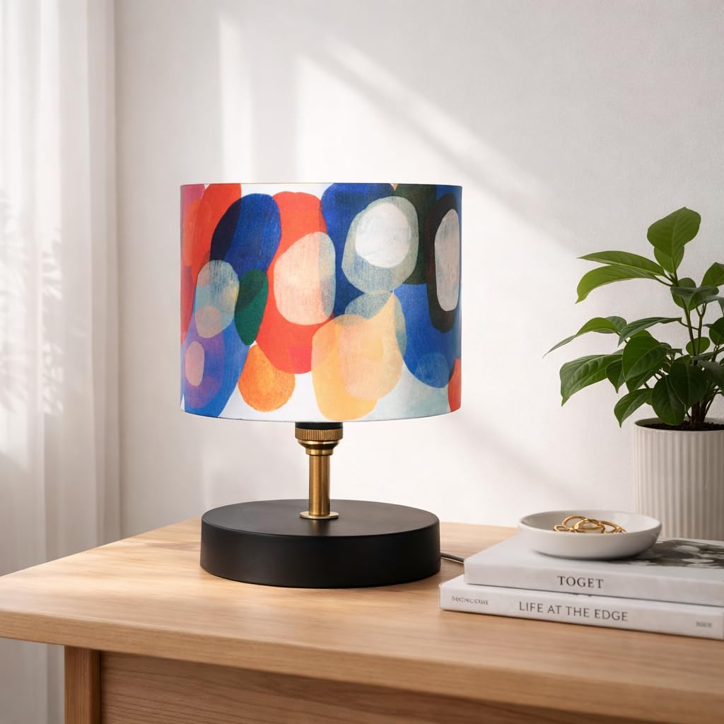 tu casa Table Lamp | Abstract Printed Satin Shade | Black Metal Base Bedside & Night Lamp for Bedroom Living Room Study Table | Home Décor & Gifting