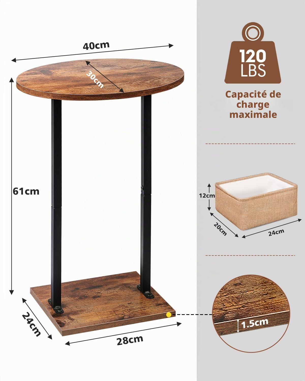 Eufrozy Table d'appoint, Bout de Canapé Ronde Moderne avec Panier en Tissu, 61cm Petite Meuble d'appoint en Bois avec Structure en Métal pour Salon Chambre Balcon Terrasse, Vintage Marron-Noir