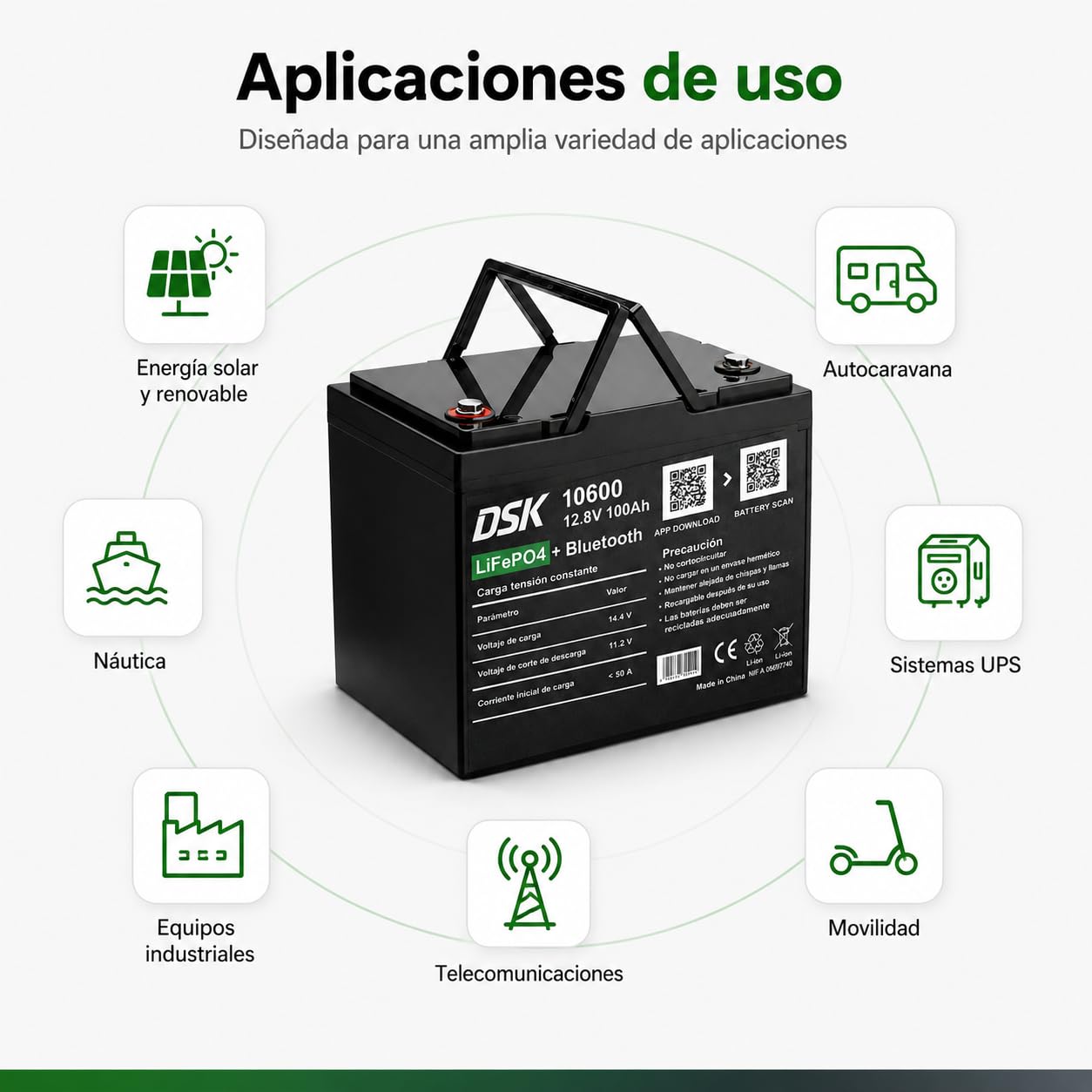 DSK Batería LiFePO4 12V 100Ah con Bluetooth, BMS, pantalla LCD, protección baja temperatura, batería litio 1280 Wh para autocaravana, energía solar, camper, barco, SAI y energía renovable premium