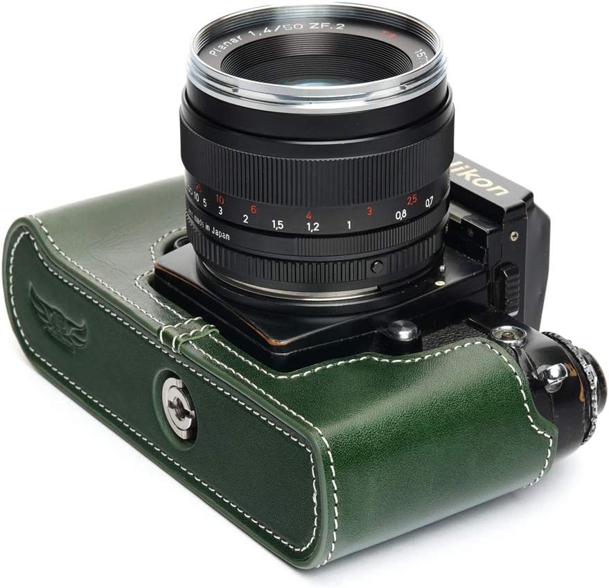 Nikon F3 Case, BolinUS Handmade Genuine Real Leather Half Camera Case Bag Cover for Nikon F3 F3HP F3AF F3T Camera with Hand Strap (Green)