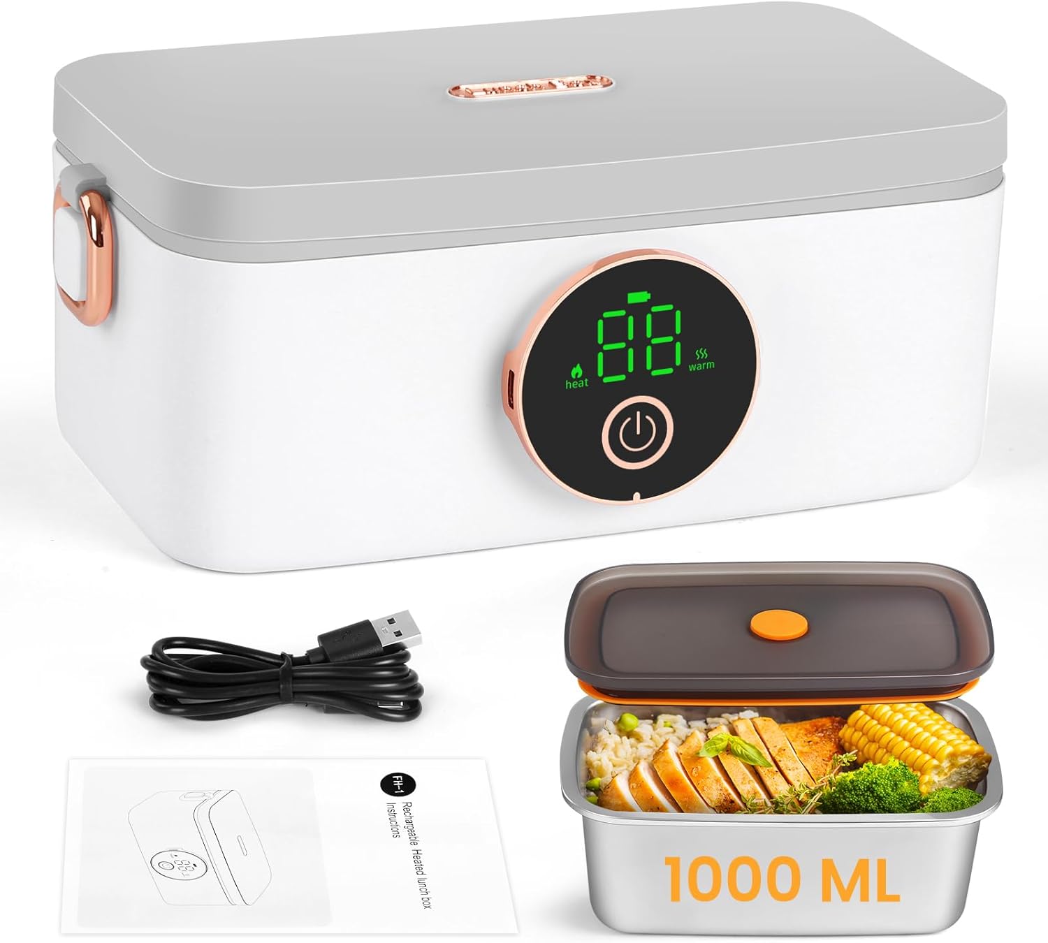Iridesc Self Heating Lunch Box, 1L Battery Powered Lunch Box with Automatic Heating, 16000mAH Rechargeable Battery Provid Rapid Heating, Designed for Car, Office, Travel, Picnic & outdoor