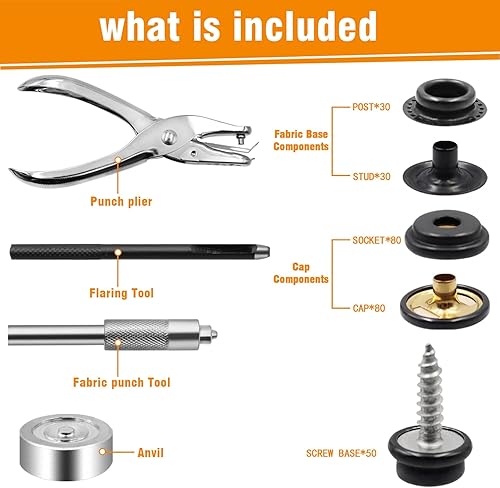 Miniatura 7 de Kit de 274 piezas de tornillos de metal a presión de acero inoxidable de grado marino, botones a presión con punzón de agujero y herramientas de