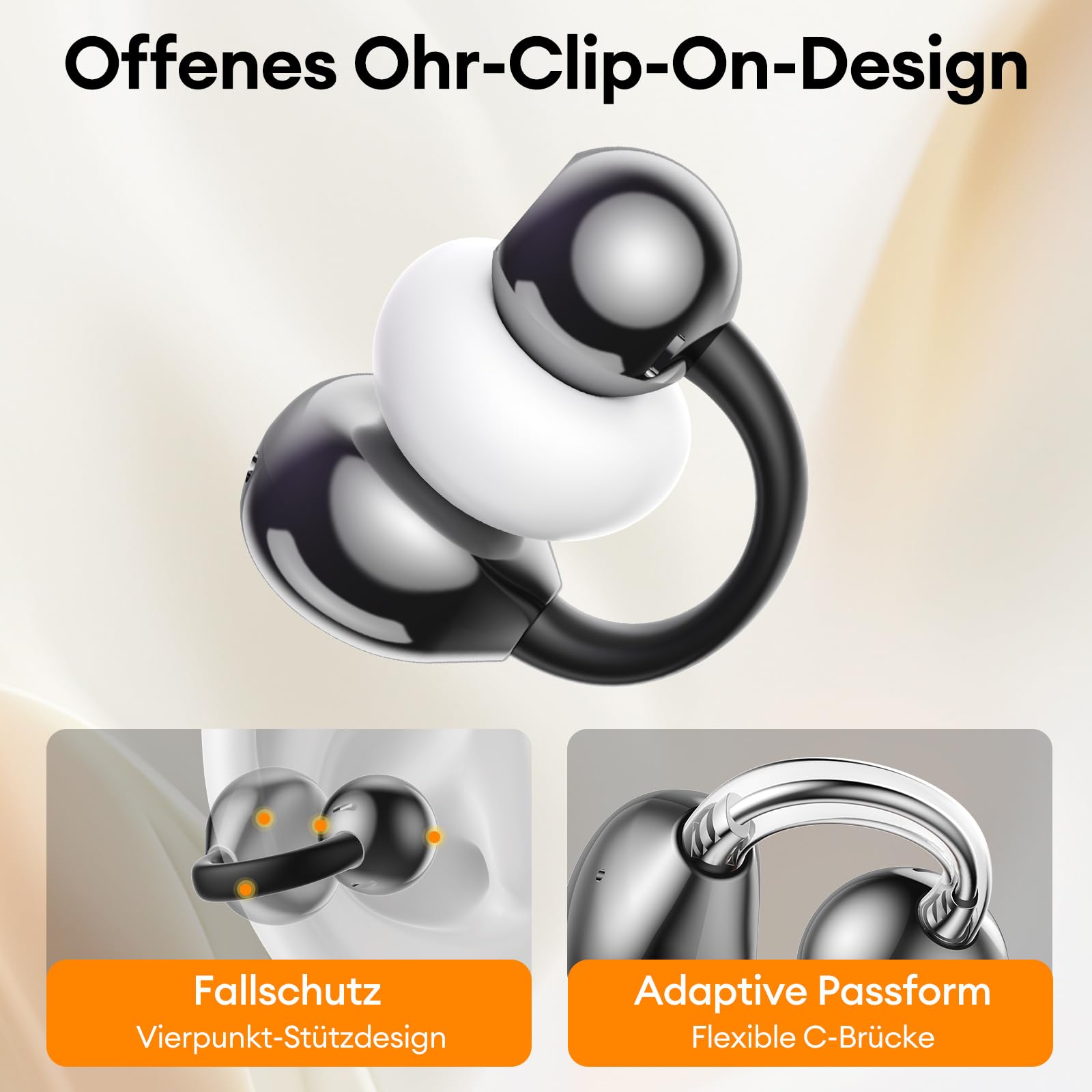 Clip On Kopfhörer Open Ear Kopfhörer Kabellos Bluetooth 5.4 mit Intelligentem Touchscreen 4.1g Leichtgewicht Kopfhörer Sport, 60 Std Wireless Earbuds für Fitness, Laufen, Büro, M100 Schwarz