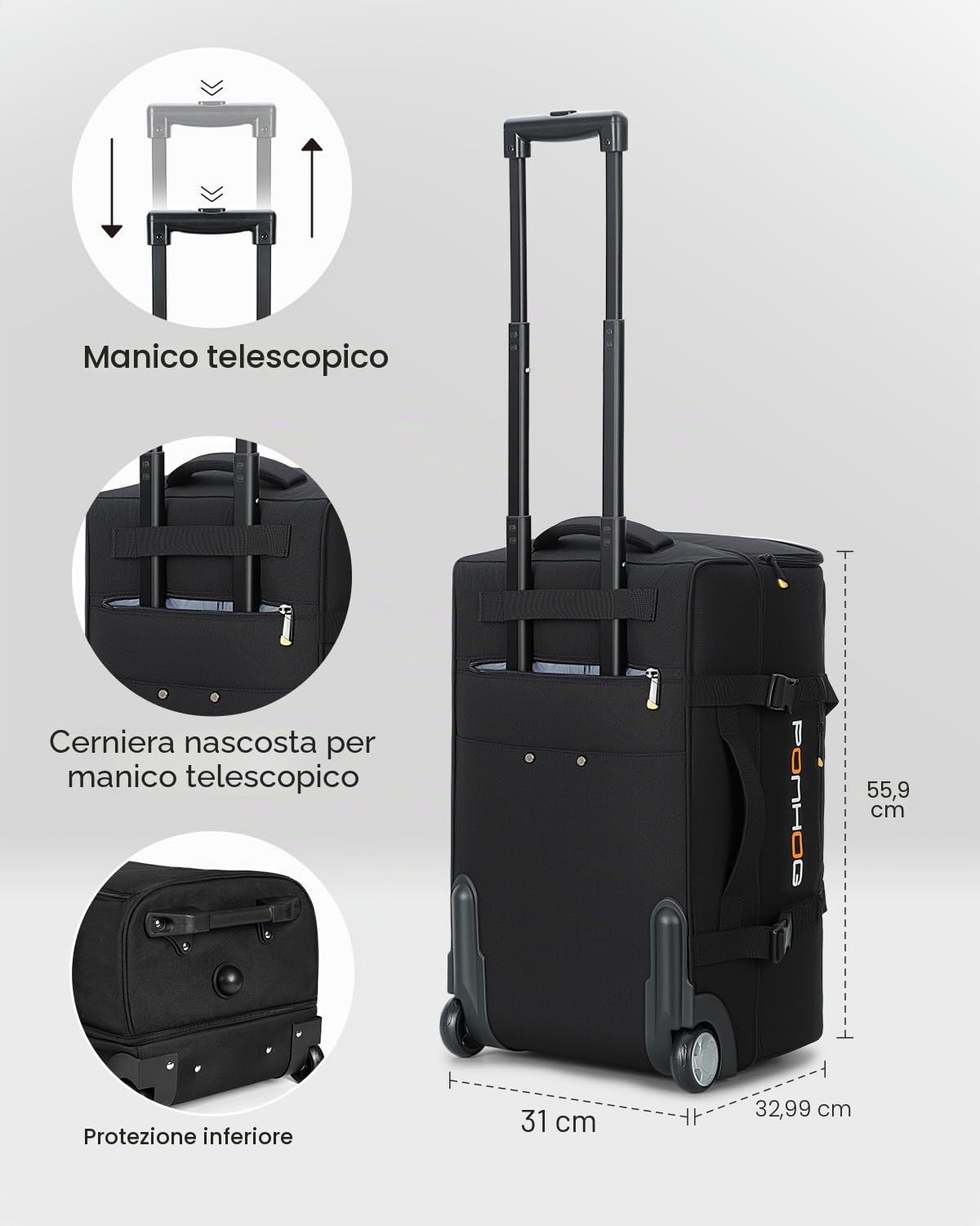 Ponhog Borsone da Viaggio con Ruote - Borsone Trolley con Ruote Impermeabile per Vacanze, 55cm/56cm/65cm