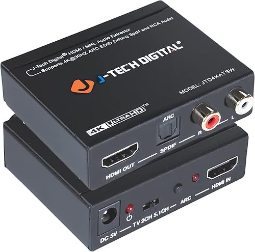 Miniatura 1 de J-Tech Digital Extractor de audio HDMI 4K30, convertidor HDMI ARC SPDIF + salida RCA HDCP1.4 compatible con Dolby DigitalDTS CEC JTD4KATSW