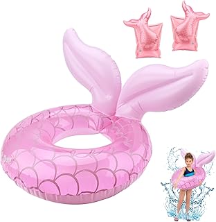 Swimming Ring for Kids Mermaid Pool Ring with Swimiming Armbands Inflatable Pool Floats Swimming Rubber Ring Inflatable Swimming Ring for Kids 2-9years Summer Pool Party and Water Sports