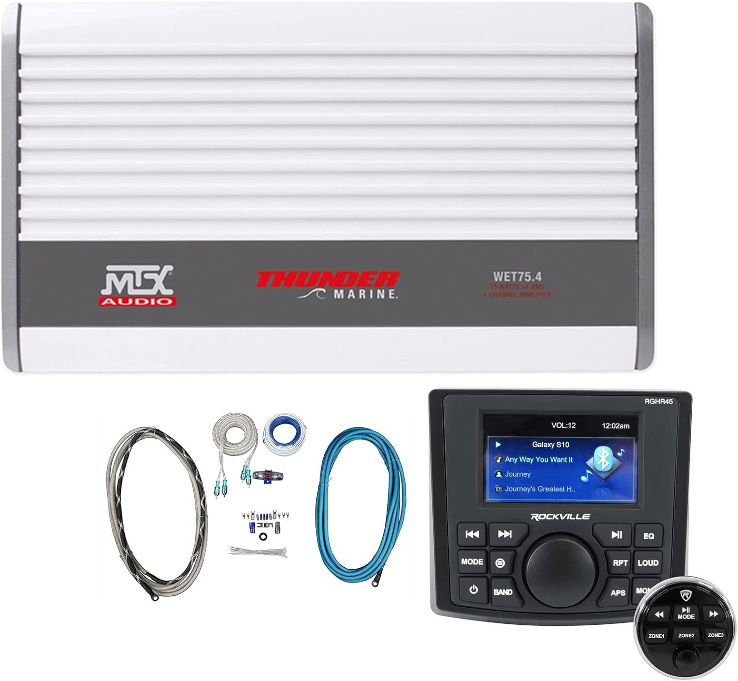 Rockville RGHR45 4 Zone Marine Gauge Hole Receiver Remote Bundle with MTX WET75.4 Amp Compatible with Boat/ATV/UTV/RZR/Cart,Rockville RMWK8 8 AWG Amp Install Wire Kit & MRCA25 RCA Cable (4 Items)