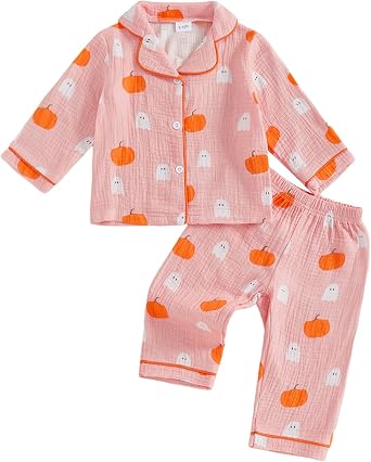 fyclemt Toddler Baby Girl Boy Halloween Pajamas Pumpkin Cotton Linen Long Sleeve Button Down Shirts Pants Kids Sleepwear Pjs
