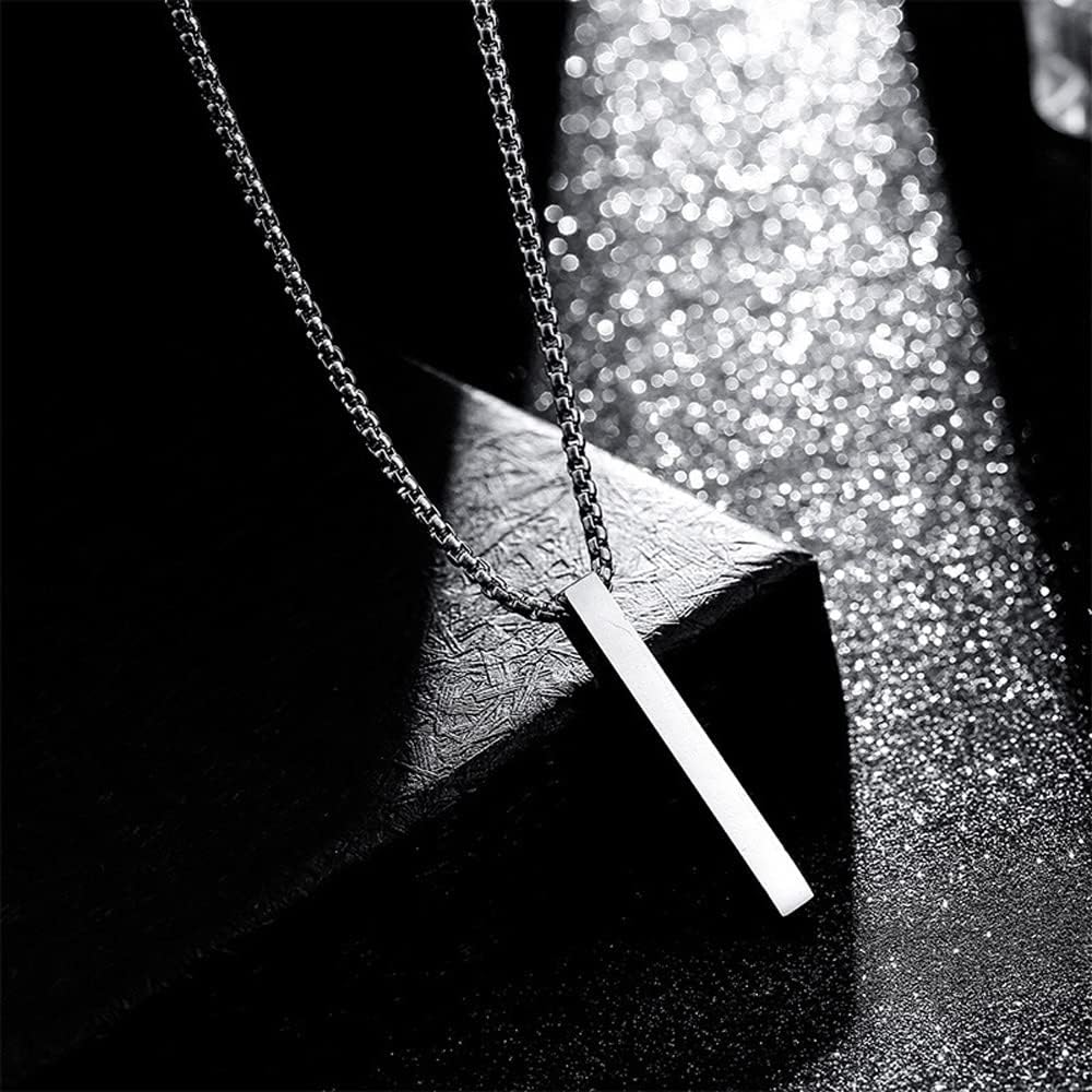 JKJF 2 Pcs Bar Pendant Necklace Vertical Cuboid Stick Pendant Chain NecklaceCool Stainless Steel Pendant Necklace Couple Necklace for Men and Women - Black Silver - Image 6