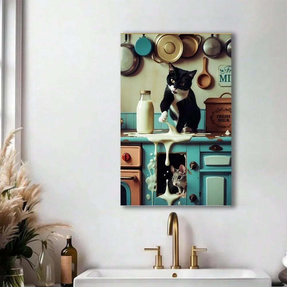 PBDTRUA Divertente quadro da parete per cucina con gatto e topo, stampa su tela con latte rovesciato e spiritosa, decorazione murale divertente per la cucina (40x50 cm/con cornice)